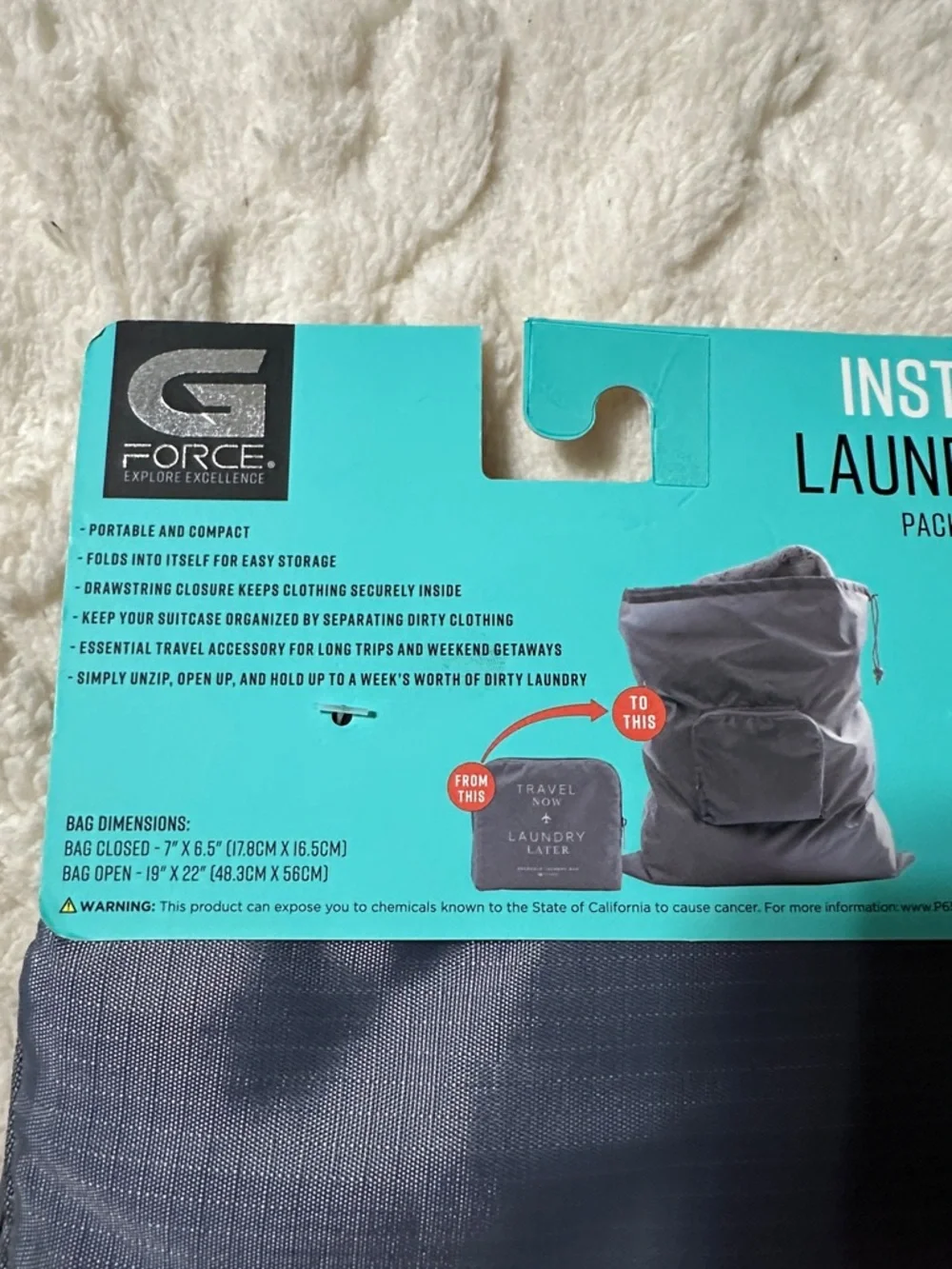 GFORCE Gray White “Travel Now Laundry Later” Zip Foldable Travel Laundry Bag
